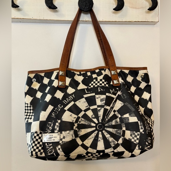 L.A.M.B. Y2K Black and White Leather Bullseye Checker Tote - Picture 1 of 12